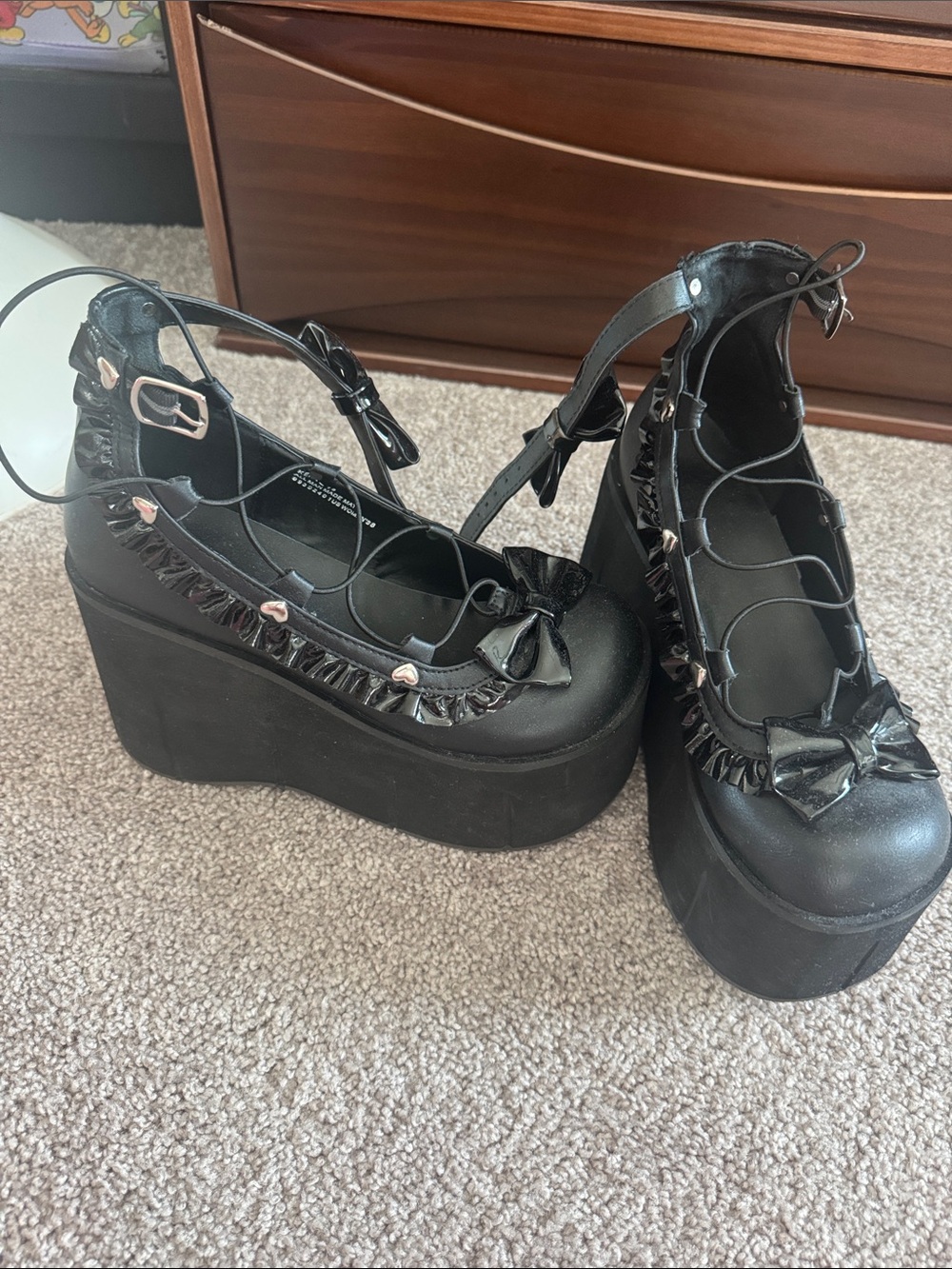 Demonia Kera-18 Black Platform Mary Jane Pumps with Bows & Ankle Ties